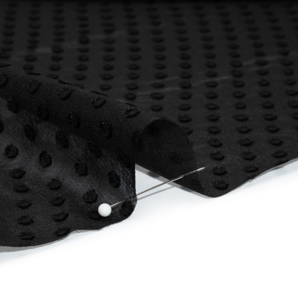 Famous Australian Designer Black Textured Burnout Polka Dots Silk and Viscose Georgette Detail Famous Australian Designer Black Textured Burnout Polka Dots Silk and Viscose Georgette Detail