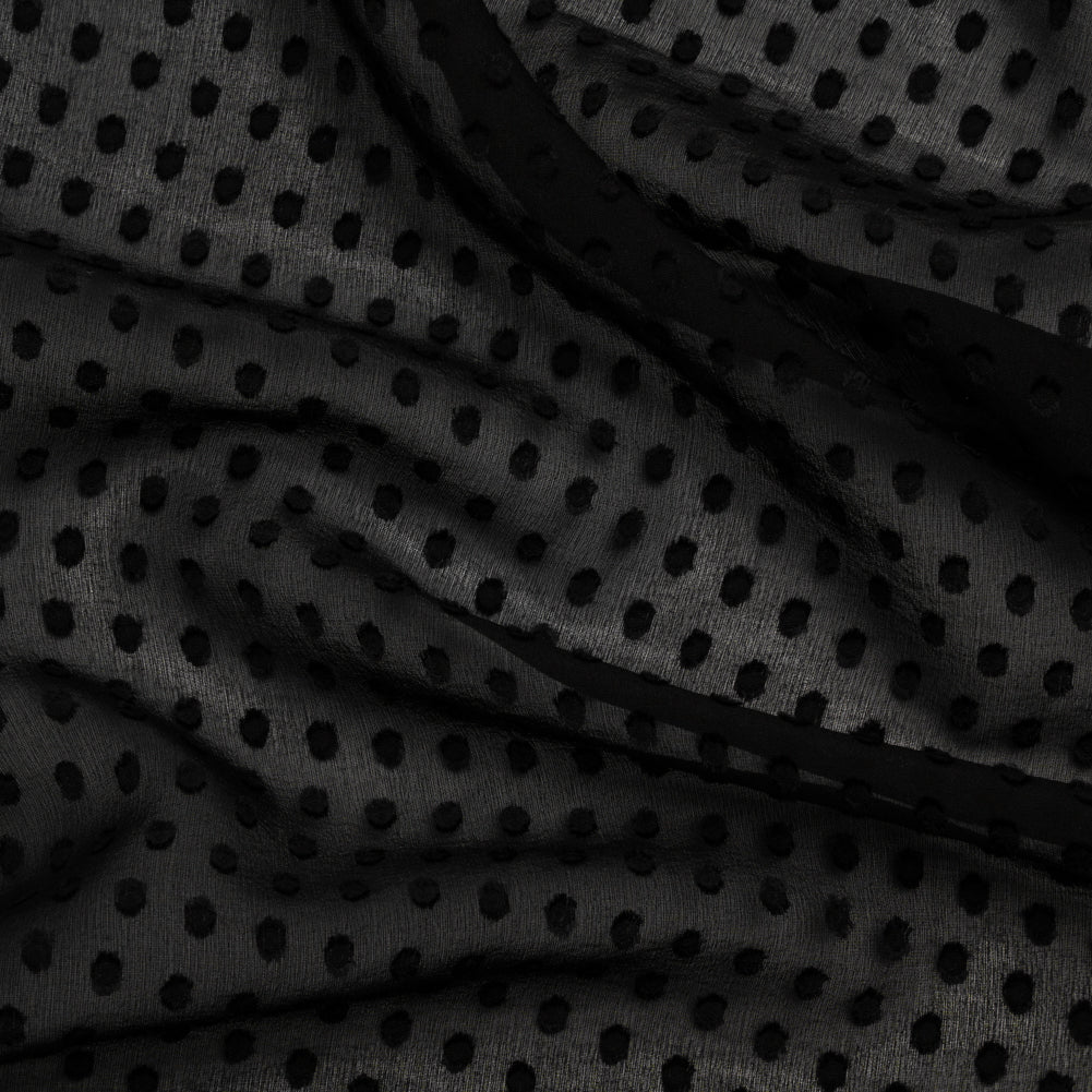 Famous Australian Designer Black Textured Burnout Polka Dots Silk and Viscose Georgette Famous Australian Designer Black Textured Burnout Polka Dots Silk and Viscose Georgette
