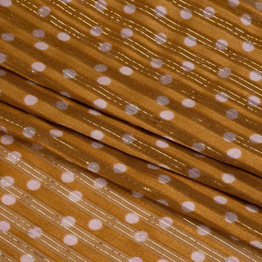 Famous Australian Designer Brown and Pink Polka Dot Silk Burnout Stripe Satin with Metallic Pinstripes Folded Famous Australian Designer Brown and Pink Polka Dot Silk Burnout Stripe Satin with Metallic Pinstripes Folded