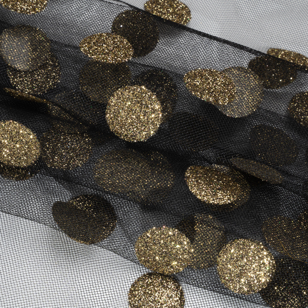 Famous Australian Designer Black and Gold Glitter Polka Dots Tulle Folded Famous Australian Designer Black and Gold Glitter Polka Dots Tulle Folded
