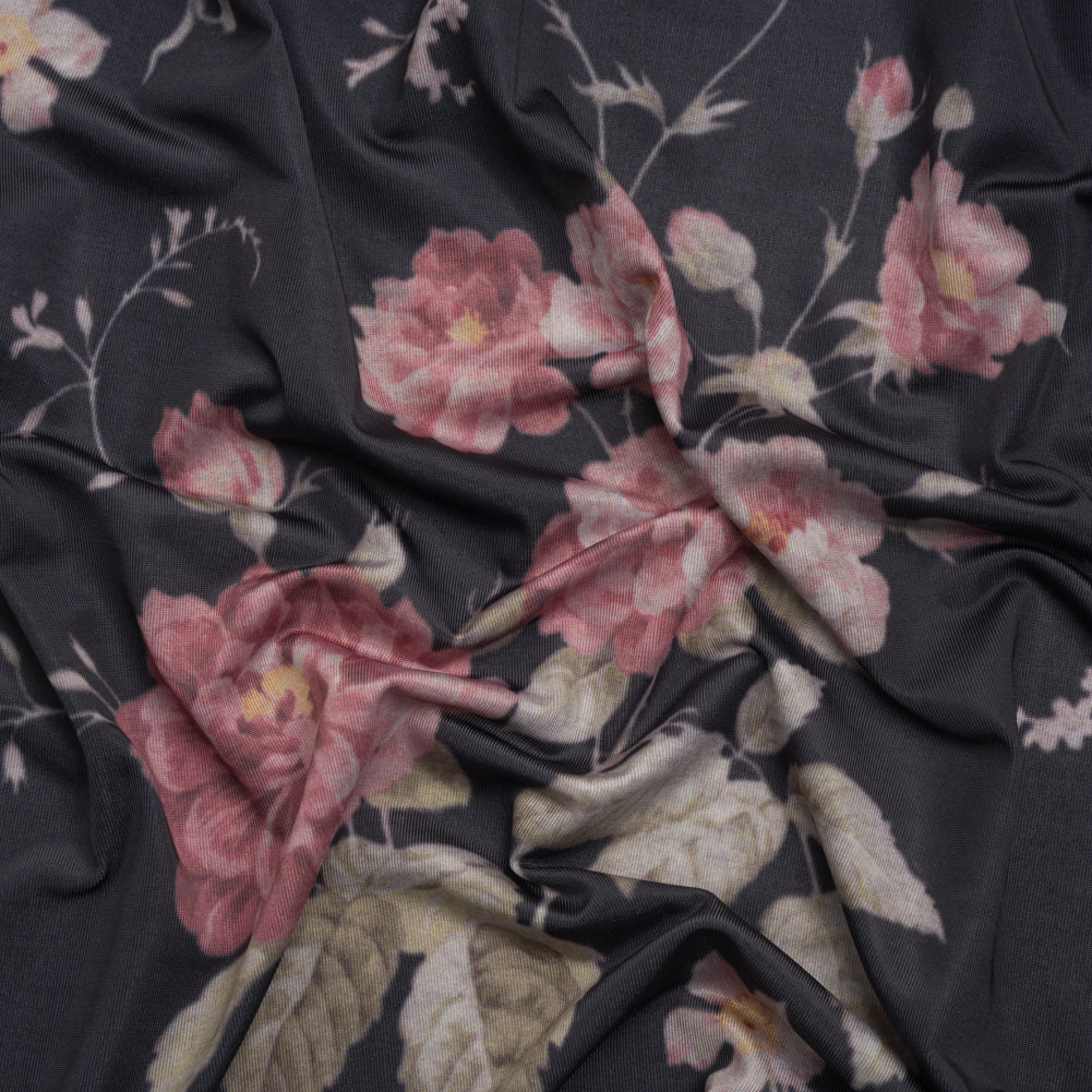 Famous Australian Designer Charcoal, Pink and Green Floral Stretch Polyester Jersey Famous Australian Designer Charcoal, Pink and Green Floral Stretch Polyester Jersey