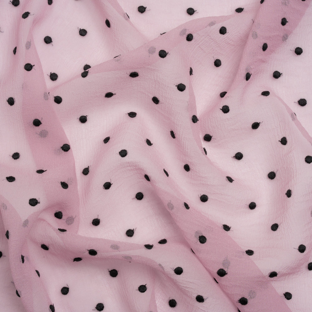 Famous Australian Designer Lilac and Black Embroidered Polka Dots Crinkled Silk Georgette Famous Australian Designer Lilac and Black Embroidered Polka Dots Crinkled Silk Georgette