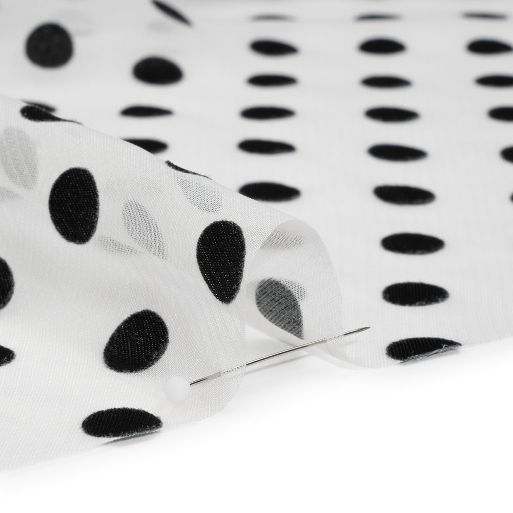 Famous Australian Designer Black and White Burnout Satin Polka Dots Polyester Chiffon Detail Famous Australian Designer Black and White Burnout Satin Polka Dots Polyester Chiffon Detail