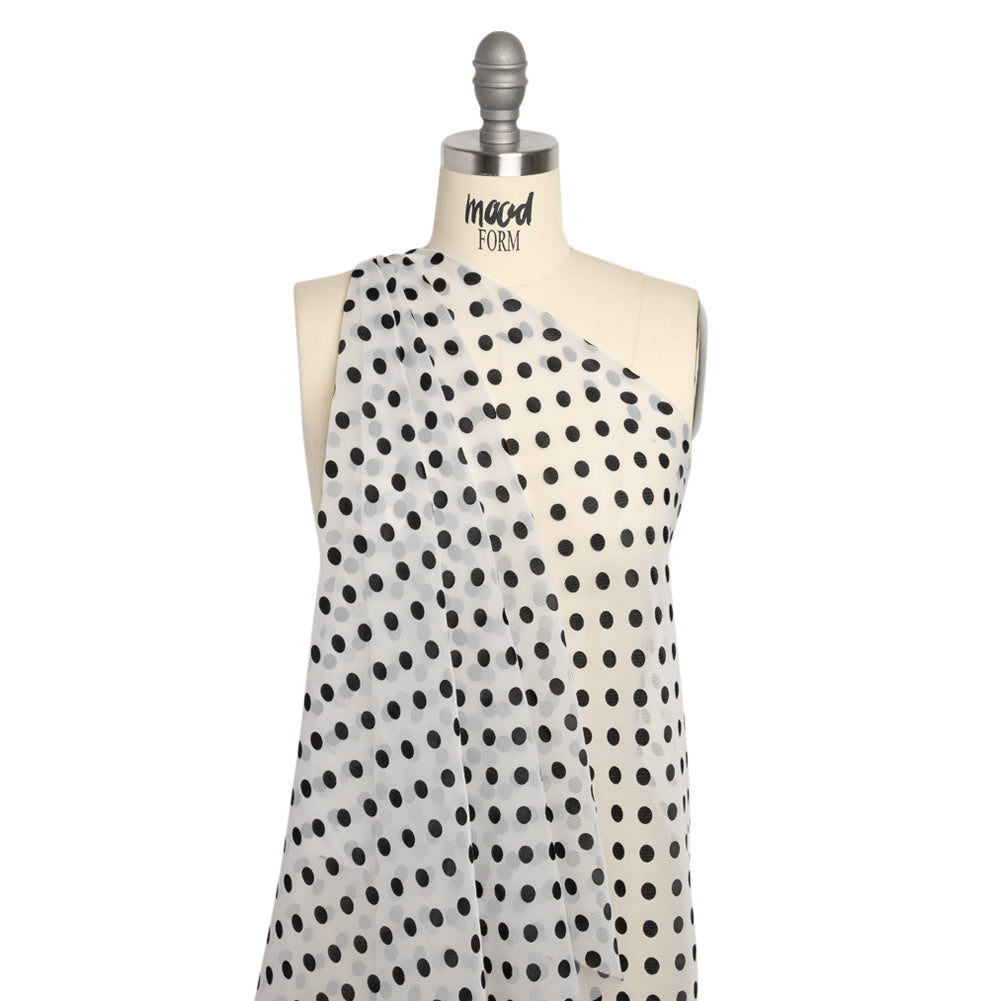Famous Australian Designer Black and White Burnout Satin Polka Dots Polyester Chiffon Drape Famous Australian Designer Black and White Burnout Satin Polka Dots Polyester Chiffon Drape