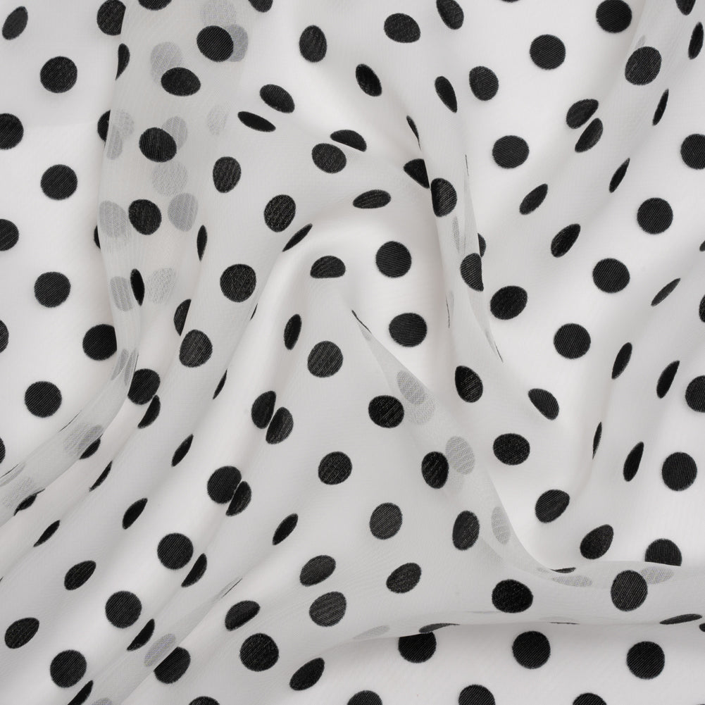 Famous Australian Designer Black and White Burnout Satin Polka Dots Polyester Chiffon Famous Australian Designer Black and White Burnout Satin Polka Dots Polyester Chiffon