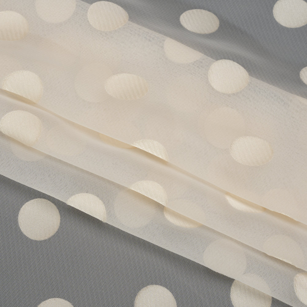 Famous Australian Designer Cream Burnout Satin Polka Dot Polyester and Viscose Chiffon Folded Famous Australian Designer Cream Burnout Satin Polka Dot Polyester and Viscose Chiffon Folded