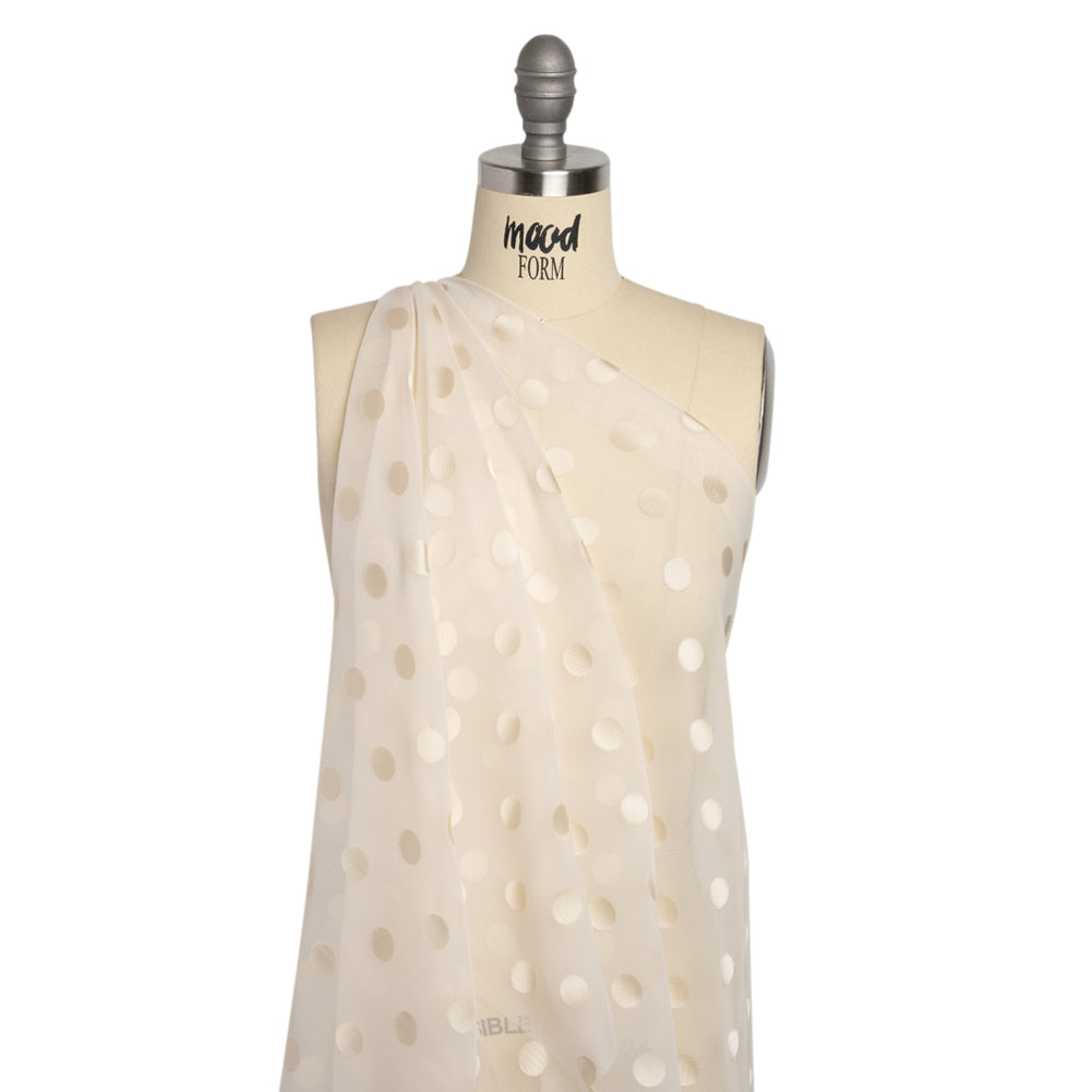 Famous Australian Designer Cream Burnout Satin Polka Dot Polyester and Viscose Chiffon Drape Famous Australian Designer Cream Burnout Satin Polka Dot Polyester and Viscose Chiffon Drape