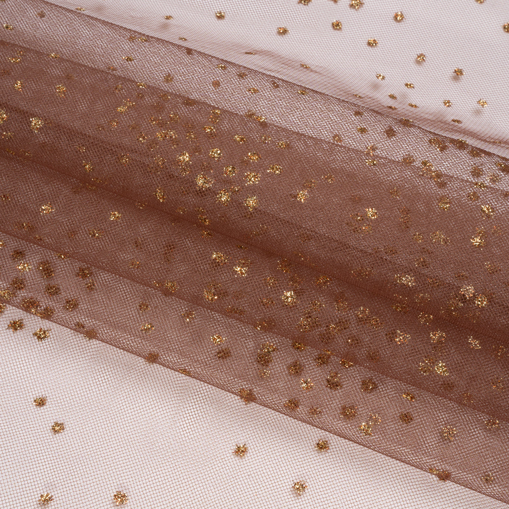 Famous Australian Designer Chocolate and Gold Glitter Spotted Polyester Tulle Folded Famous Australian Designer Chocolate and Gold Glitter Spotted Polyester Tulle Folded