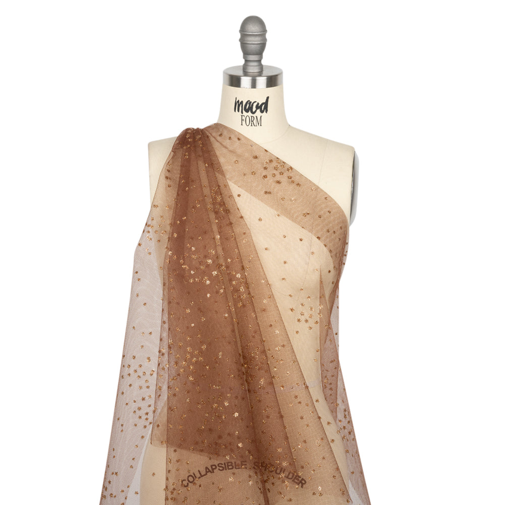 Famous Australian Designer Chocolate and Gold Glitter Spotted Polyester Tulle Drape Famous Australian Designer Chocolate and Gold Glitter Spotted Polyester Tulle Drape