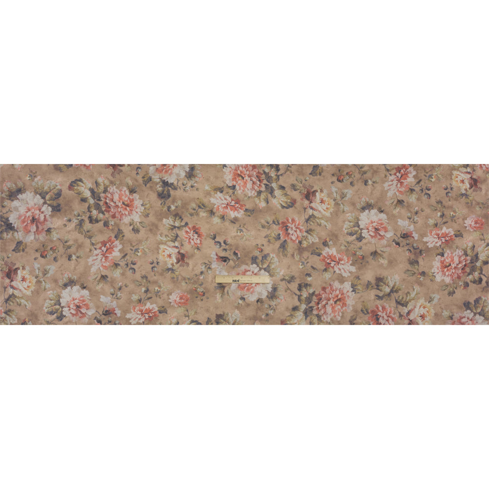 Famous Australian Designer Warm Taupe and Rose Floral Fresco Stretch Polyester Jersey Full Famous Australian Designer Warm Taupe and Rose Floral Fresco Stretch Polyester Jersey Full