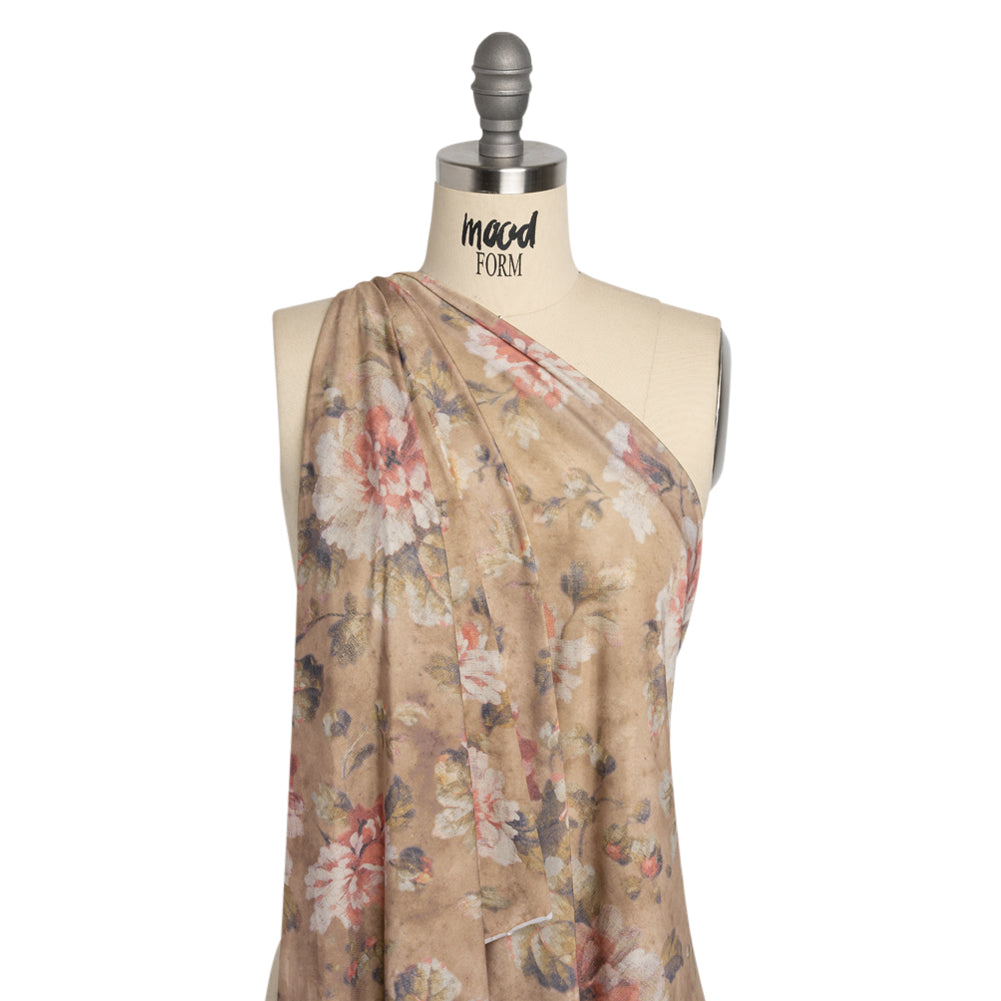 Famous Australian Designer Warm Taupe and Rose Floral Fresco Stretch Polyester Jersey Drape Famous Australian Designer Warm Taupe and Rose Floral Fresco Stretch Polyester Jersey Drape