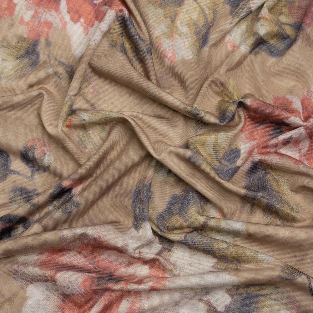 Famous Australian Designer Warm Taupe and Rose Floral Fresco Stretch Polyester Jersey Famous Australian Designer Warm Taupe and Rose Floral Fresco Stretch Polyester Jersey