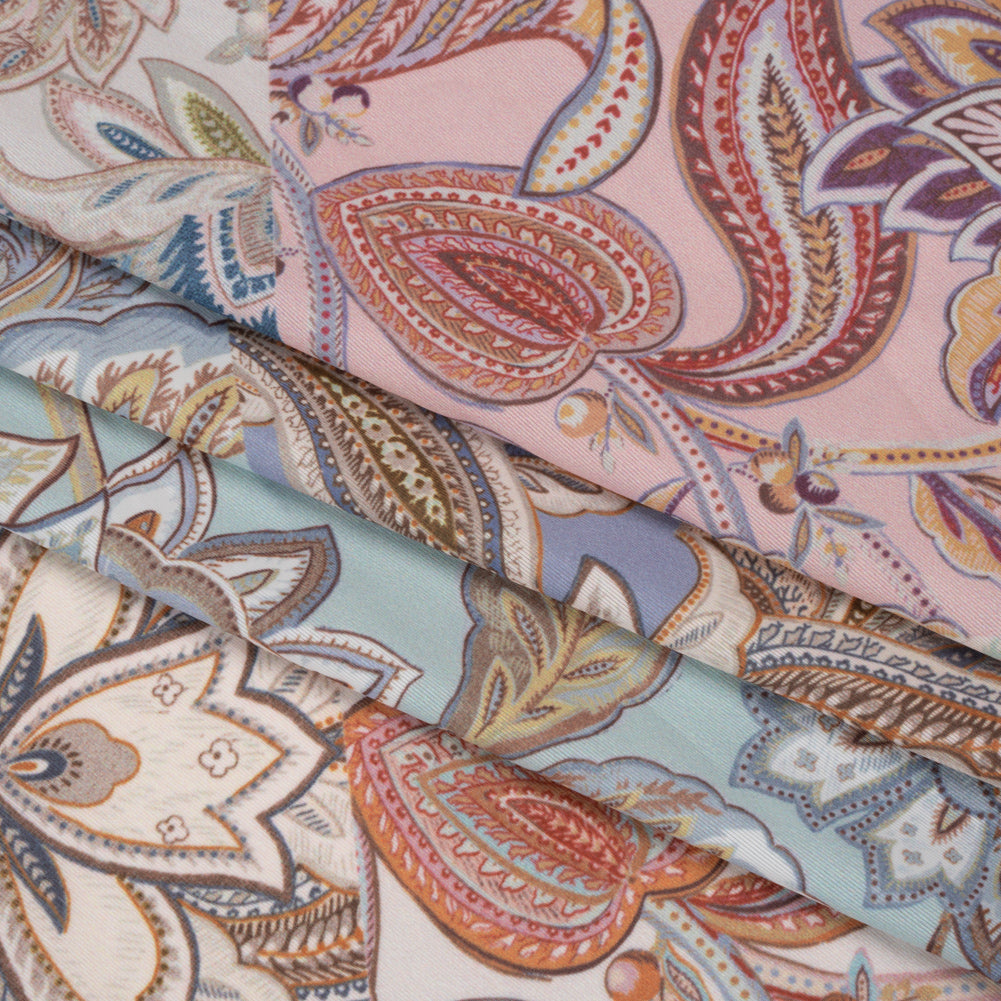 Famous Australian Designer Pink, Periwinkle and Mint Patchwork Paisley Stretch Polyester Jersey Folded Famous Australian Designer Pink, Periwinkle and Mint Patchwork Paisley Stretch Polyester Jersey Folded