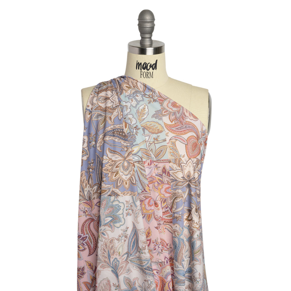 Famous Australian Designer Pink, Periwinkle and Mint Patchwork Paisley Stretch Polyester Jersey Drape Famous Australian Designer Pink, Periwinkle and Mint Patchwork Paisley Stretch Polyester Jersey Drape