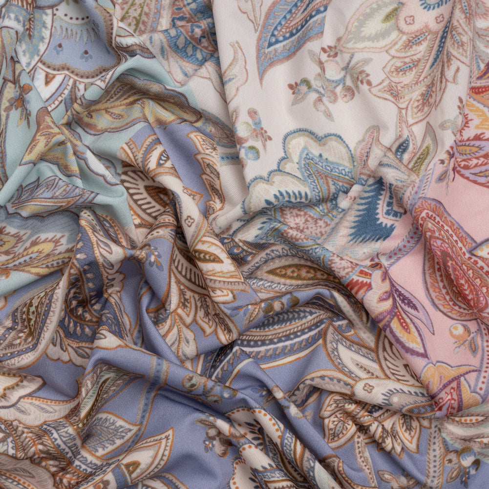 Famous Australian Designer Pink, Periwinkle and Mint Patchwork Paisley Stretch Polyester Jersey Famous Australian Designer Pink, Periwinkle and Mint Patchwork Paisley Stretch Polyester Jersey