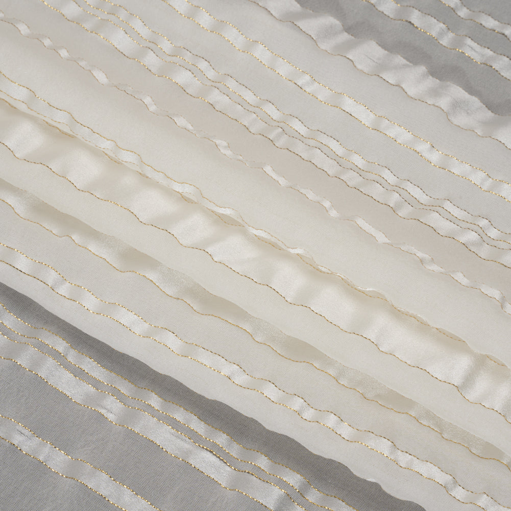 Famous Australian Designer White and Metallic Gold Satin Burnout Stripes Silk Woven Folded Famous Australian Designer White and Metallic Gold Satin Burnout Stripes Silk Woven Folded
