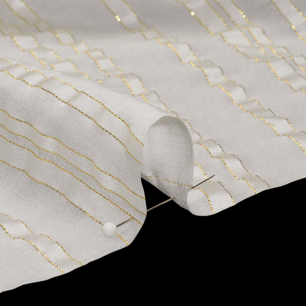 Famous Australian Designer White and Metallic Gold Satin Burnout Stripes Silk Woven Detail Famous Australian Designer White and Metallic Gold Satin Burnout Stripes Silk Woven Detail