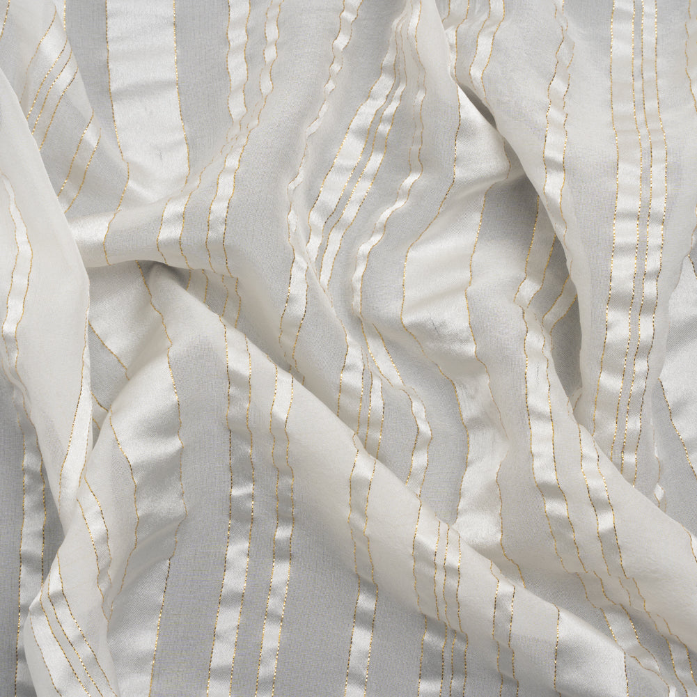 Famous Australian Designer White and Metallic Gold Satin Burnout Stripes Silk Woven Famous Australian Designer White and Metallic Gold Satin Burnout Stripes Silk Woven