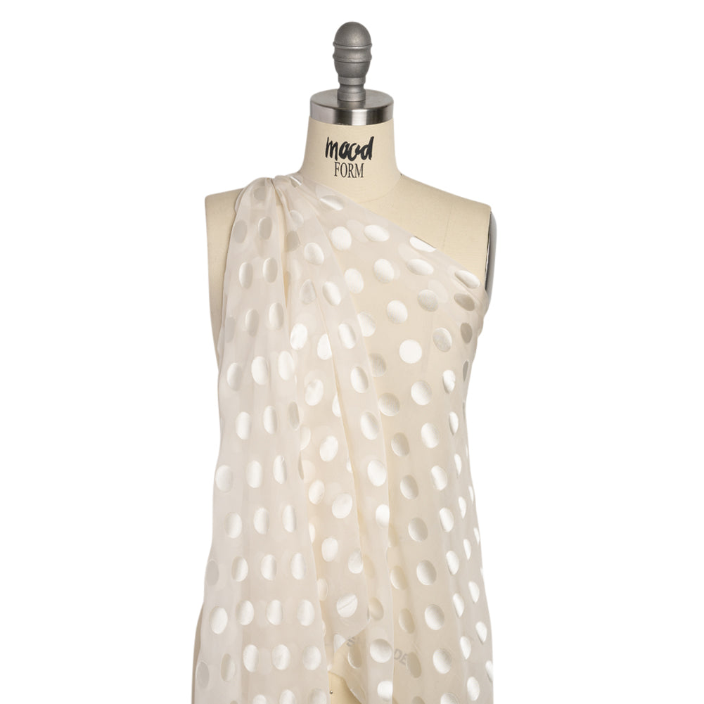 Famous Australian Designer Cream Burnout Satin Polka Dots Silk and Viscose Georgette Drape Famous Australian Designer Cream Burnout Satin Polka Dots Silk and Viscose Georgette Drape