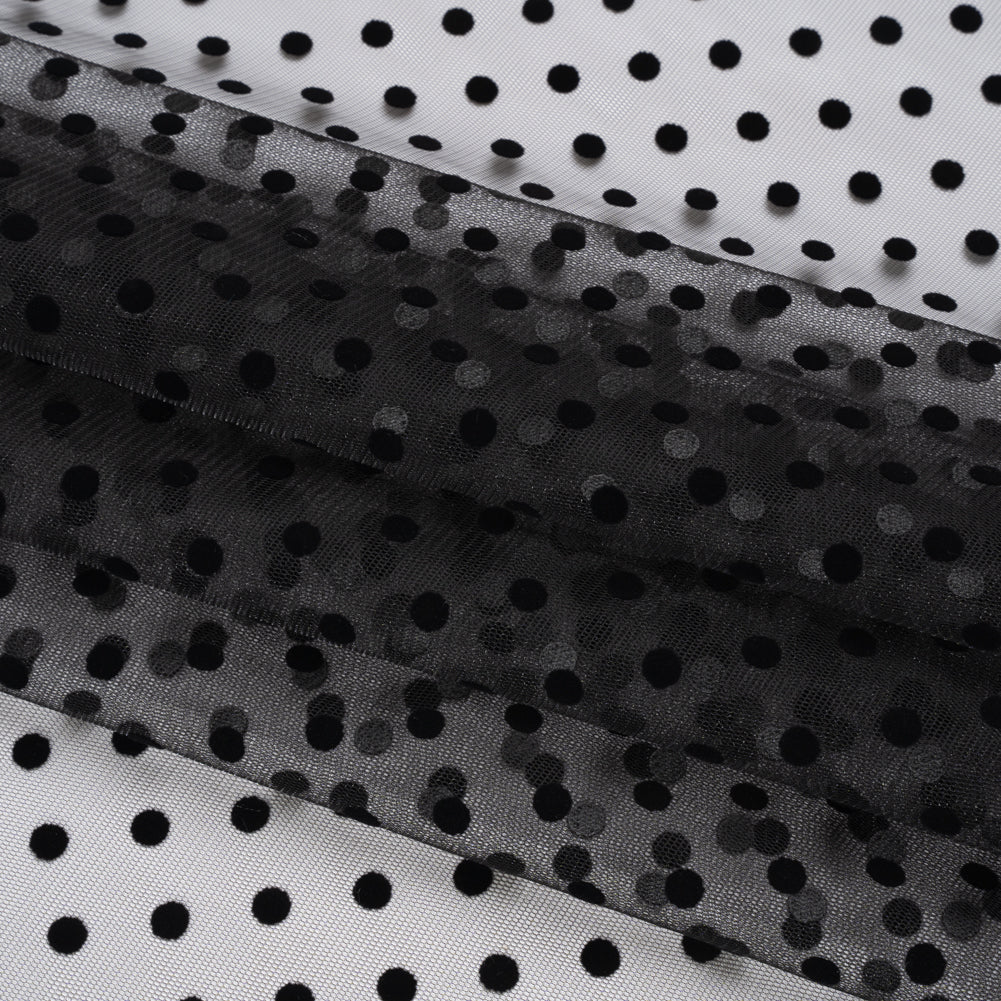 Famous Australian Designer Black Big Flocked Polka Dots Polyester Tulle Folded Famous Australian Designer Black Big Flocked Polka Dots Polyester Tulle Folded