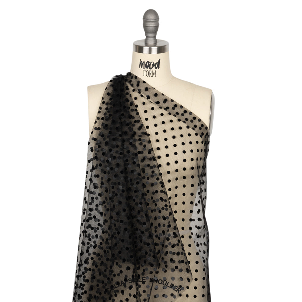 Famous Australian Designer Black Big Flocked Polka Dots Polyester Tulle Drape Famous Australian Designer Black Big Flocked Polka Dots Polyester Tulle Drape