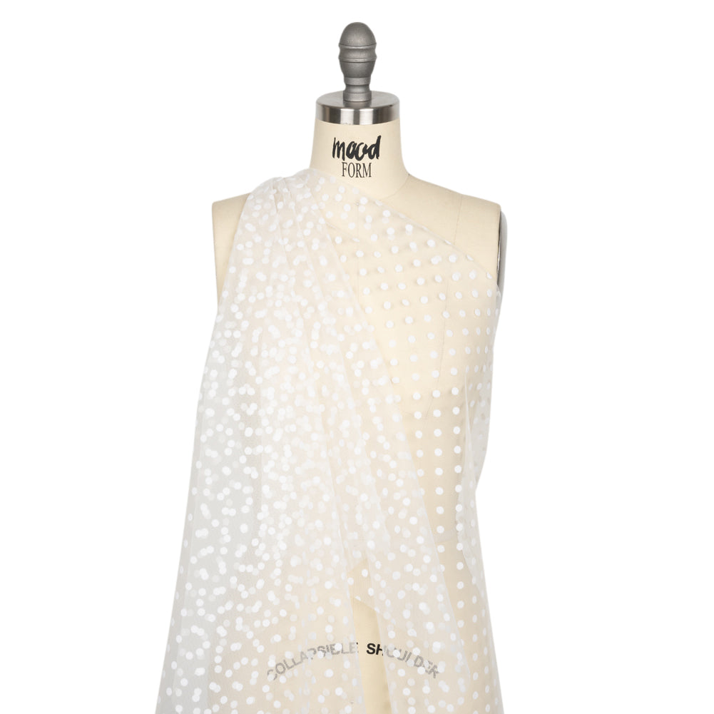 Famous Australian Designer White Big Flocked Polka Dots Polyester Tulle Drape Famous Australian Designer White Big Flocked Polka Dots Polyester Tulle Drape