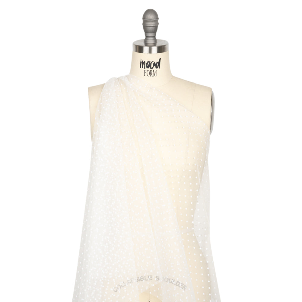 Famous Australian Designer White Little Flocked Polka Dots Polyester Tulle Drape Famous Australian Designer White Little Flocked Polka Dots Polyester Tulle Drape