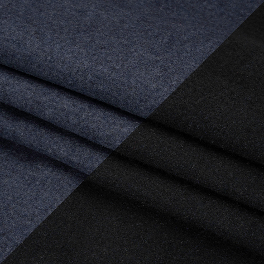 Italian Black and Navy Brushed Wool and Polyester Double Cloth Coating Folded Italian Black and Navy Brushed Wool and Polyester Double Cloth Coating Folded