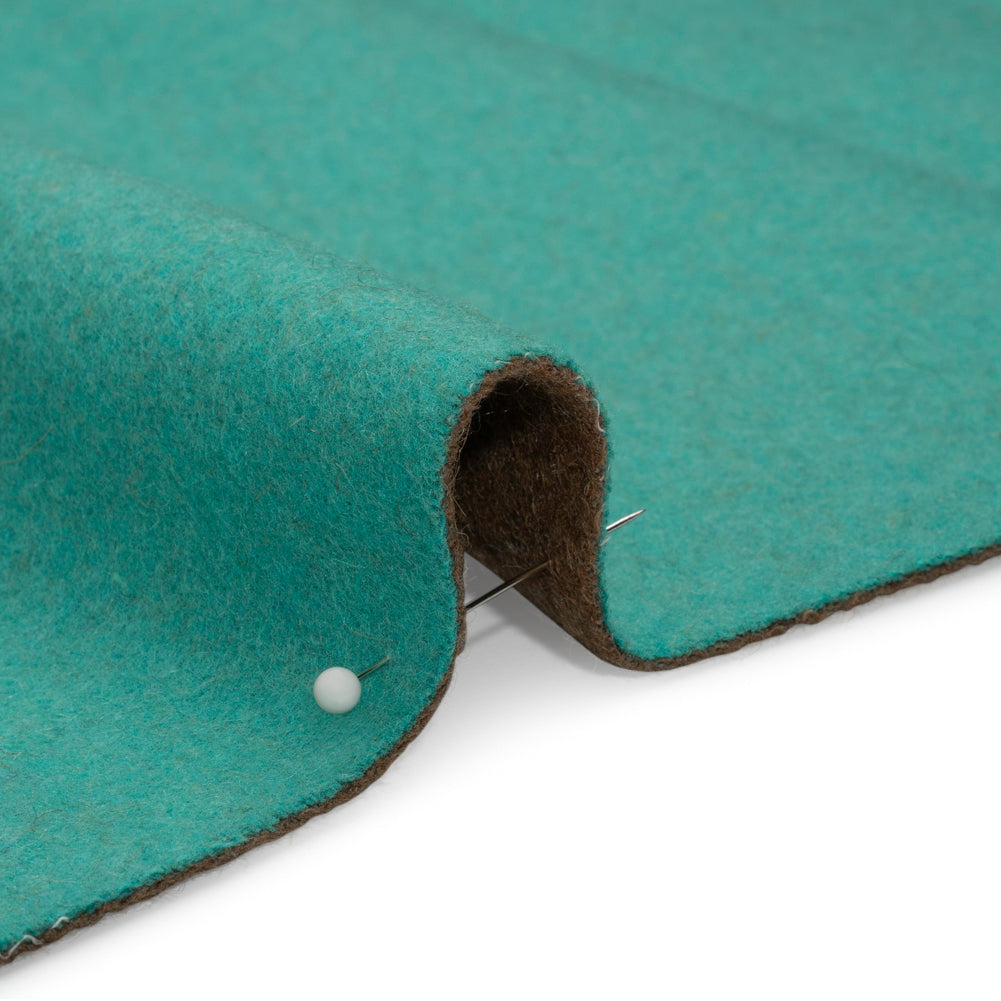 Italian Camel and Aqua Brushed Wool and Polyester Double Cloth Coating Detail Italian Camel and Aqua Brushed Wool and Polyester Double Cloth Coating Detail