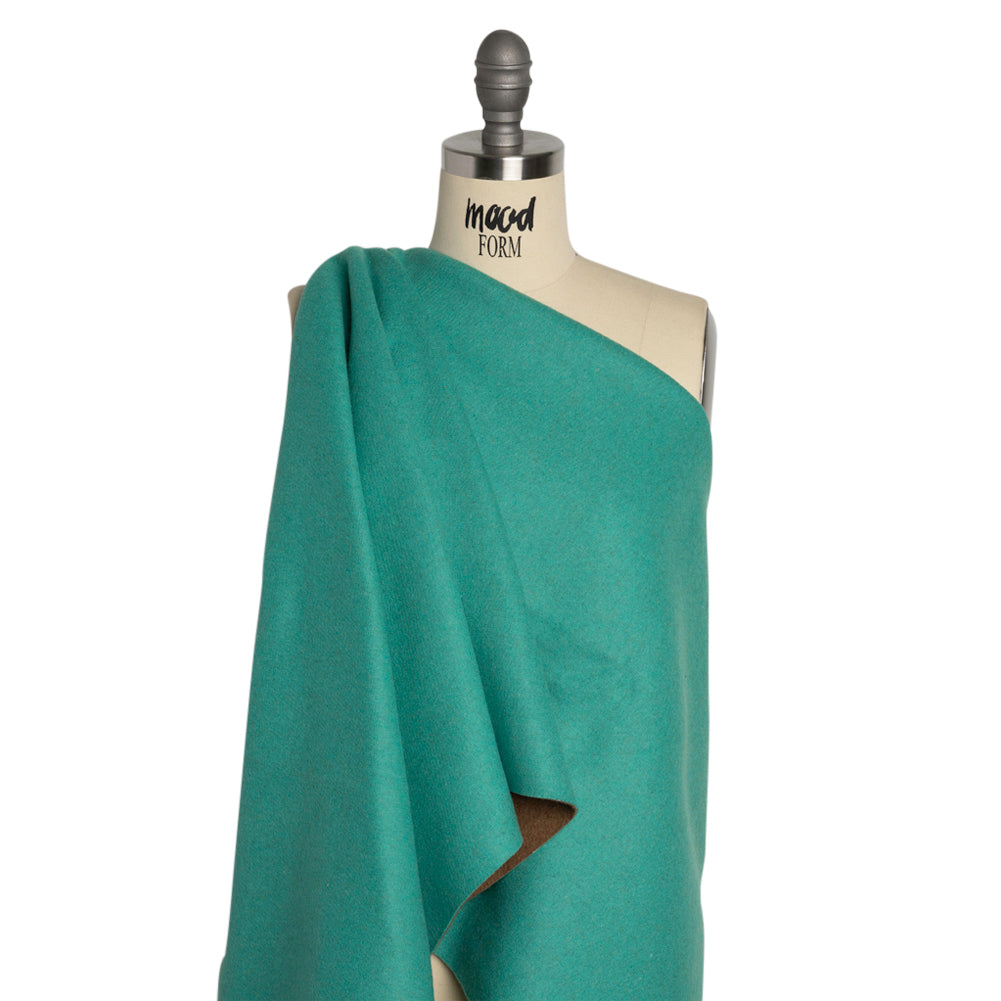 Italian Camel and Aqua Brushed Wool and Polyester Double Cloth Coating Drape Italian Camel and Aqua Brushed Wool and Polyester Double Cloth Coating Drape