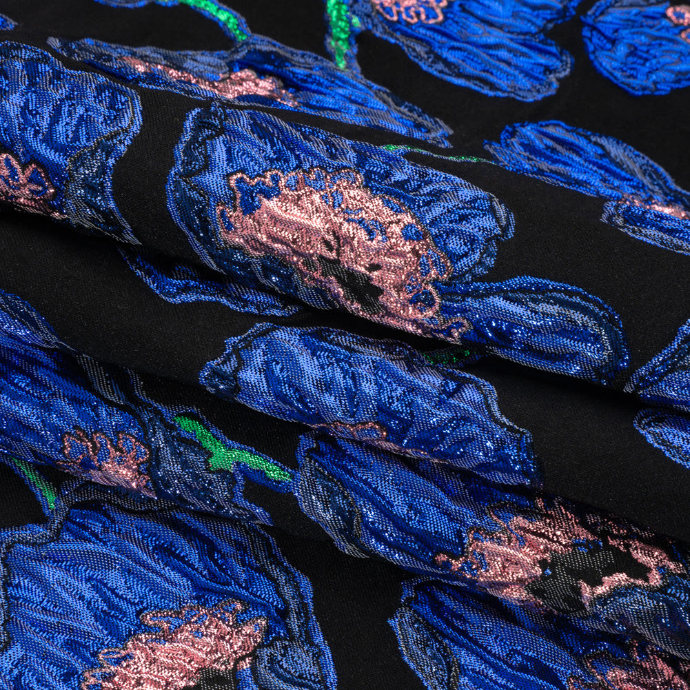 Carolina Herrera Metallic Blue, Green and Black Poppies Polyester and Nylon Brocade Folded Carolina Herrera Metallic Blue, Green and Black Poppies Polyester and Nylon Brocade Folded