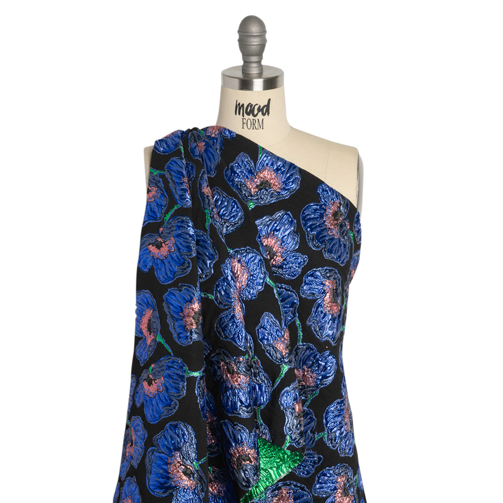 Carolina Herrera Metallic Blue, Green and Black Poppies Polyester and Nylon Brocade Drape Carolina Herrera Metallic Blue, Green and Black Poppies Polyester and Nylon Brocade Drape