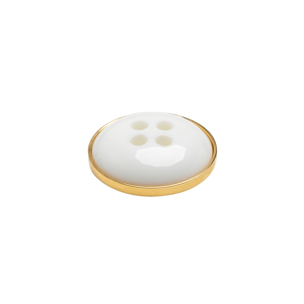 Plastic 4-Hole Button Made in Italy - White and Metallic Gold Convex Narrow Rim - 28L/18mm Folded Plastic 4-Hole Button Made in Italy - White and Metallic Gold Convex Narrow Rim - 28L/18mm Folded