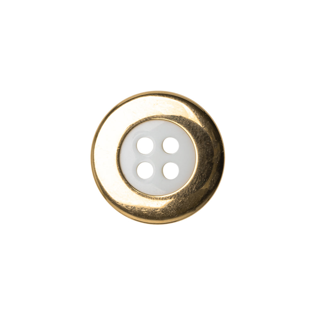 Plastic 4-Hole Button Made in Italy - White and Metallic Gold Convex Narrow Rim - 28L/18mm Detail Plastic 4-Hole Button Made in Italy - White and Metallic Gold Convex Narrow Rim - 28L/18mm Detail