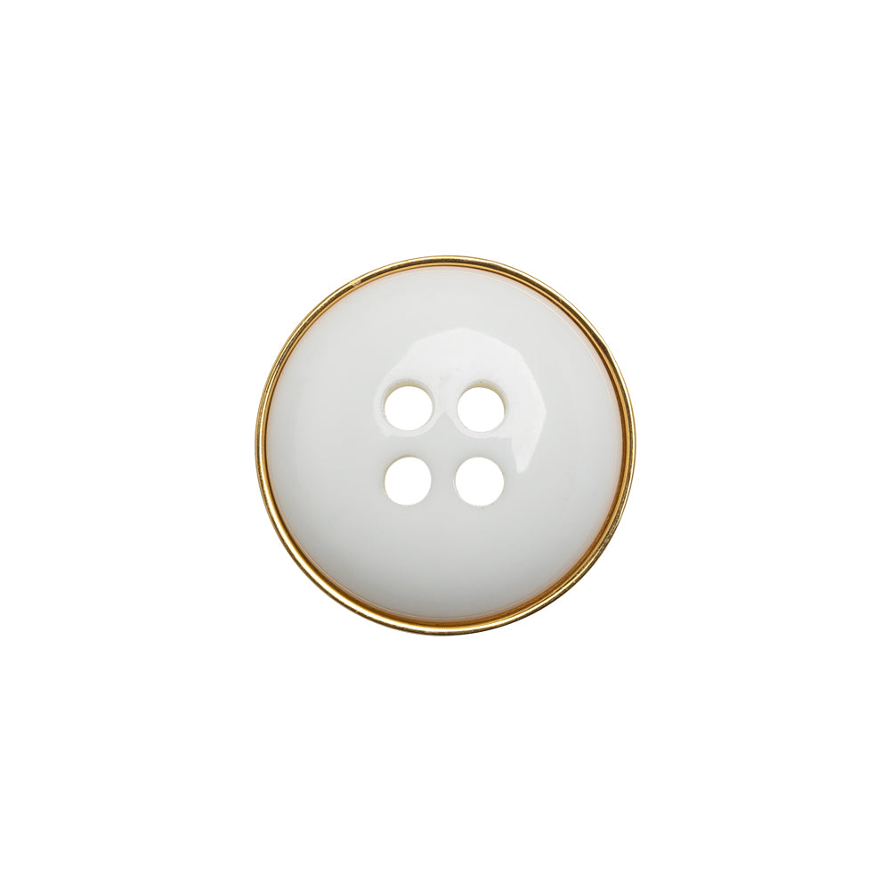 Plastic 4-Hole Button Made in Italy - White and Metallic Gold Convex Narrow Rim - 28L/18mm Plastic 4-Hole Button Made in Italy - White and Metallic Gold Convex Narrow Rim - 28L/18mm