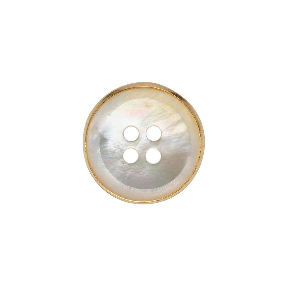 Mother of Pearl 4-Hole Button - 28L/18mm - Iridescent White with Gold Metal Hobnail Rim - Made in Italy Mother of Pearl 4-Hole Button - 28L/18mm - Iridescent White with Gold Metal Hobnail Rim - Made in Italy