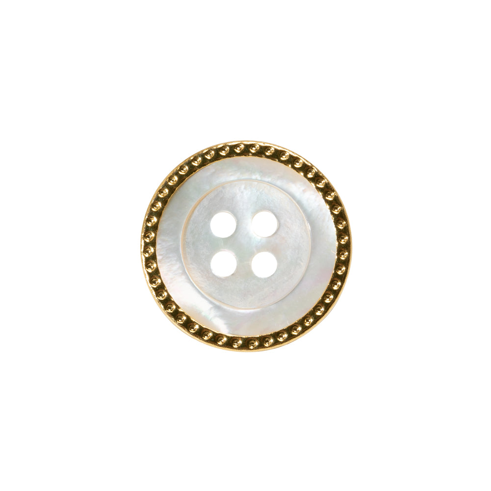 Mother of Pearl 4-Hole Button - 28L/18mm - Iridescent White with Gold Metal Hobnail Rim - Made in Italy Mother of Pearl 4-Hole Button - 28L/18mm - Iridescent White with Gold Metal Hobnail Rim - Made in Italy
