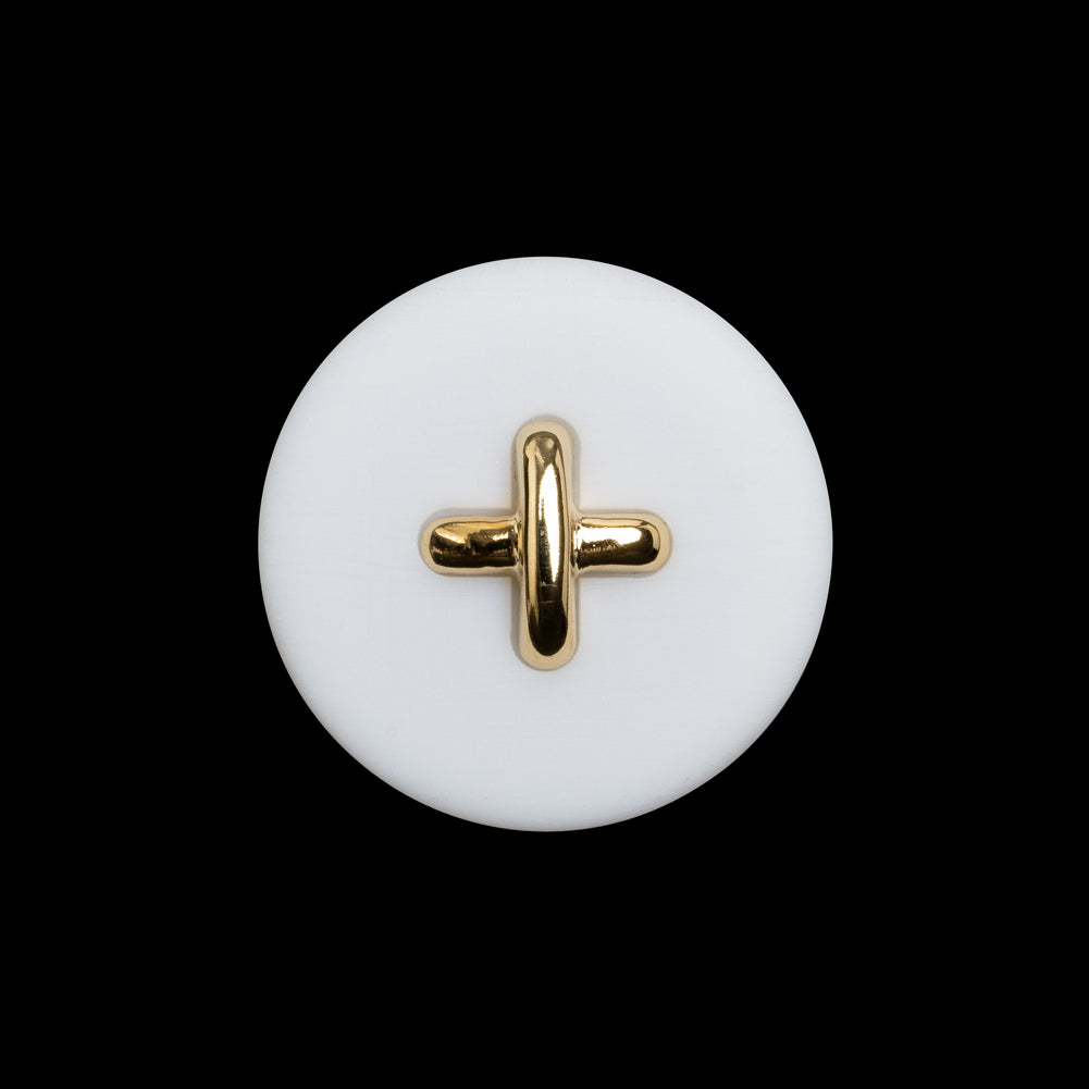 Plastic Shank Back Button - 36L/23mm - White and Metallic Gold Faux Stitched 4-Hole Plastic Shank Back Button - 36L/23mm - White and Metallic Gold Faux Stitched 4-Hole