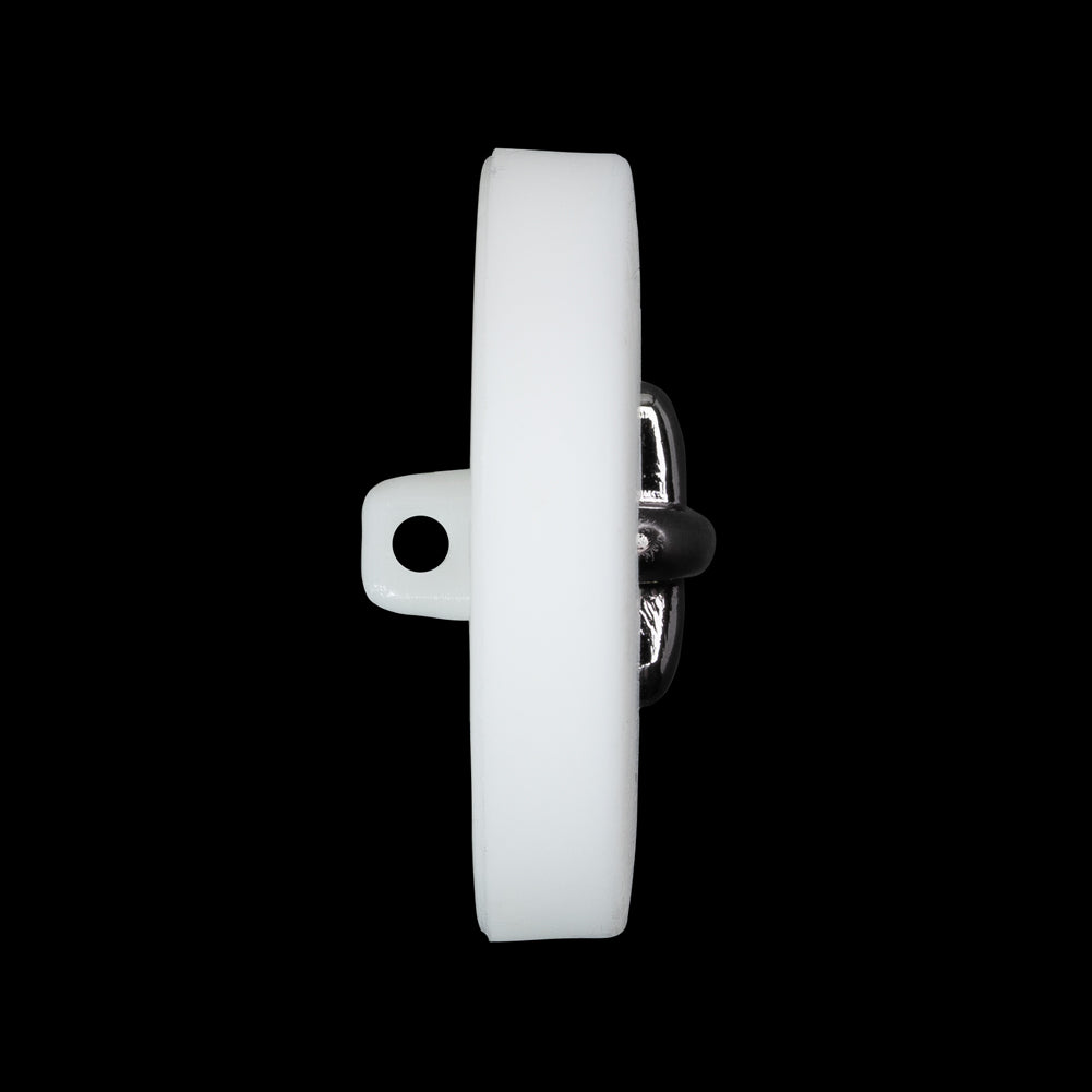 Plastic Shank Back Button - 44L/28mm - White and Metallic Gunmetal Faux Stitched 4-Hole Plastic Shank Back Button - 44L/28mm - White and Metallic Gunmetal Faux Stitched 4-Hole