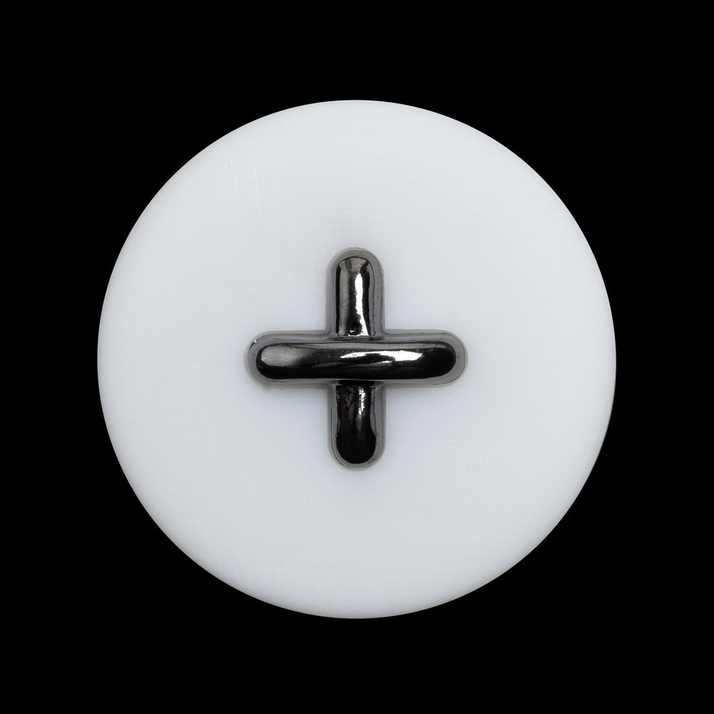Plastic Shank Back Button - 44L/28mm - White and Metallic Gunmetal Faux Stitched 4-Hole Plastic Shank Back Button - 44L/28mm - White and Metallic Gunmetal Faux Stitched 4-Hole