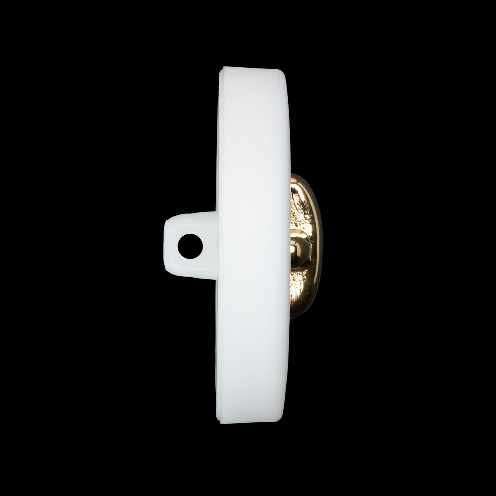 Plastic Shank Back Button - 44L/28mm - White and Metallic Gold Faux Stitched 4-Hole Plastic Shank Back Button - 44L/28mm - White and Metallic Gold Faux Stitched 4-Hole