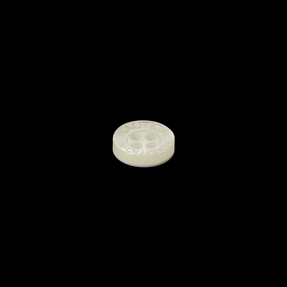 Plastic 4-Hole Button by Famous Designer - 14L/9mm - Ivory Logo Engraved Rim Plastic 4-Hole Button by Famous Designer - 14L/9mm - Ivory Logo Engraved Rim
