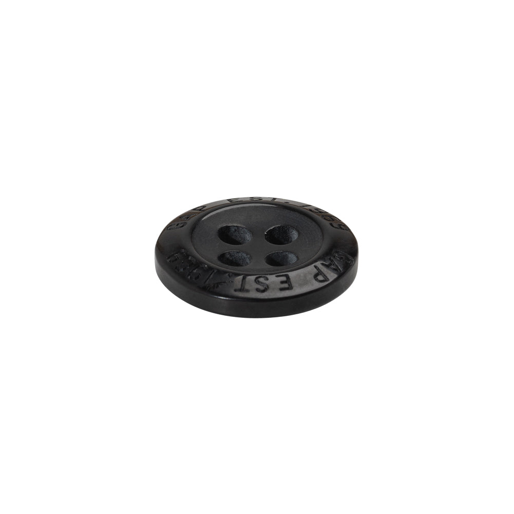 Plastic 4-Hole Button by Famous Designer - 24L/15mm - Black Text Engraved Rim Plastic 4-Hole Button by Famous Designer - 24L/15mm - Black Text Engraved Rim