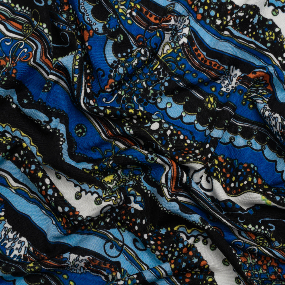 Blue, Orange and Black Fancy Diagonal Stripes Silk Jersey Blue, Orange and Black Fancy Diagonal Stripes Silk Jersey