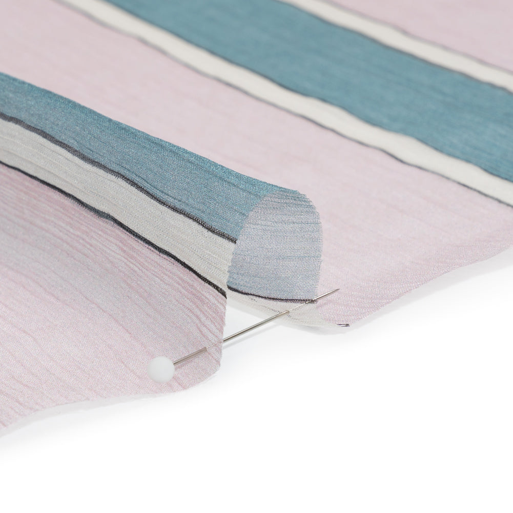Famous Australian Designer Lilac, French Blue and Cream Striped Crinkled Silk Chiffon Folded Famous Australian Designer Lilac, French Blue and Cream Striped Crinkled Silk Chiffon Folded