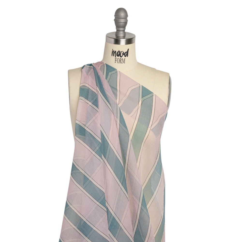 Famous Australian Designer Lilac, French Blue and Cream Striped Crinkled Silk Chiffon Detail Famous Australian Designer Lilac, French Blue and Cream Striped Crinkled Silk Chiffon Detail
