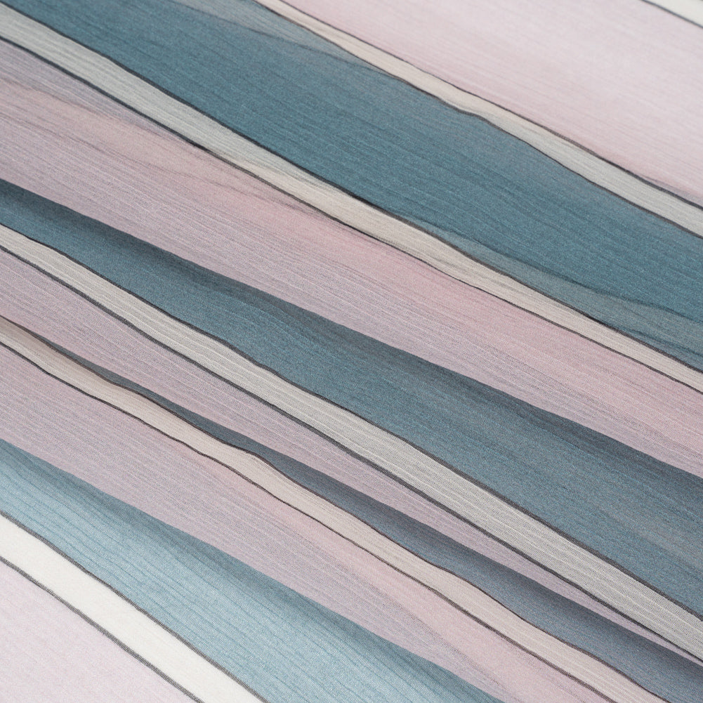Famous Australian Designer Lilac, French Blue and Cream Striped Crinkled Silk Chiffon Full Famous Australian Designer Lilac, French Blue and Cream Striped Crinkled Silk Chiffon Full