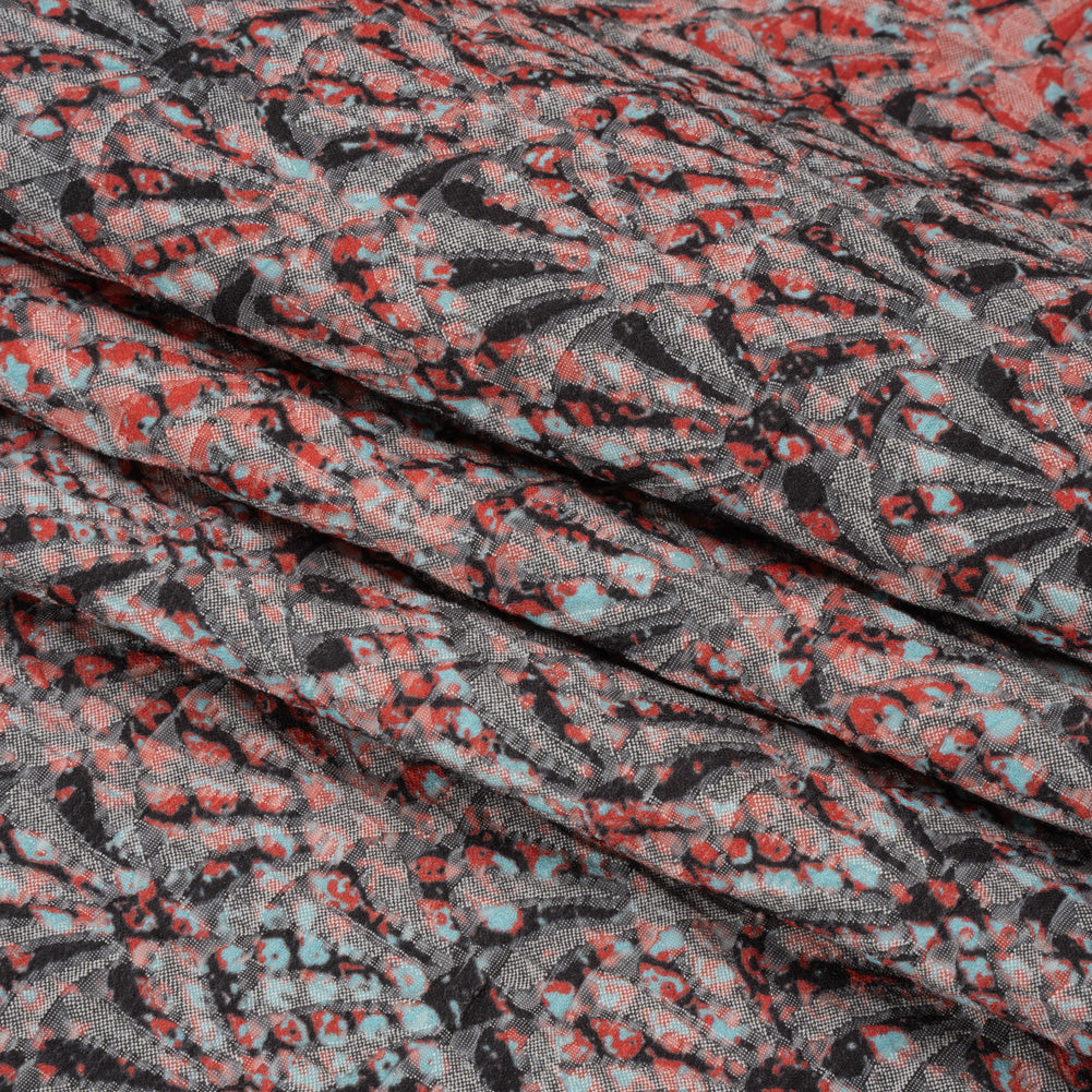 Red, Black and Sky Blue Abstract Printed Fan Flowers Stretch Cotton Matelasse Folded Red, Black and Sky Blue Abstract Printed Fan Flowers Stretch Cotton Matelasse Folded