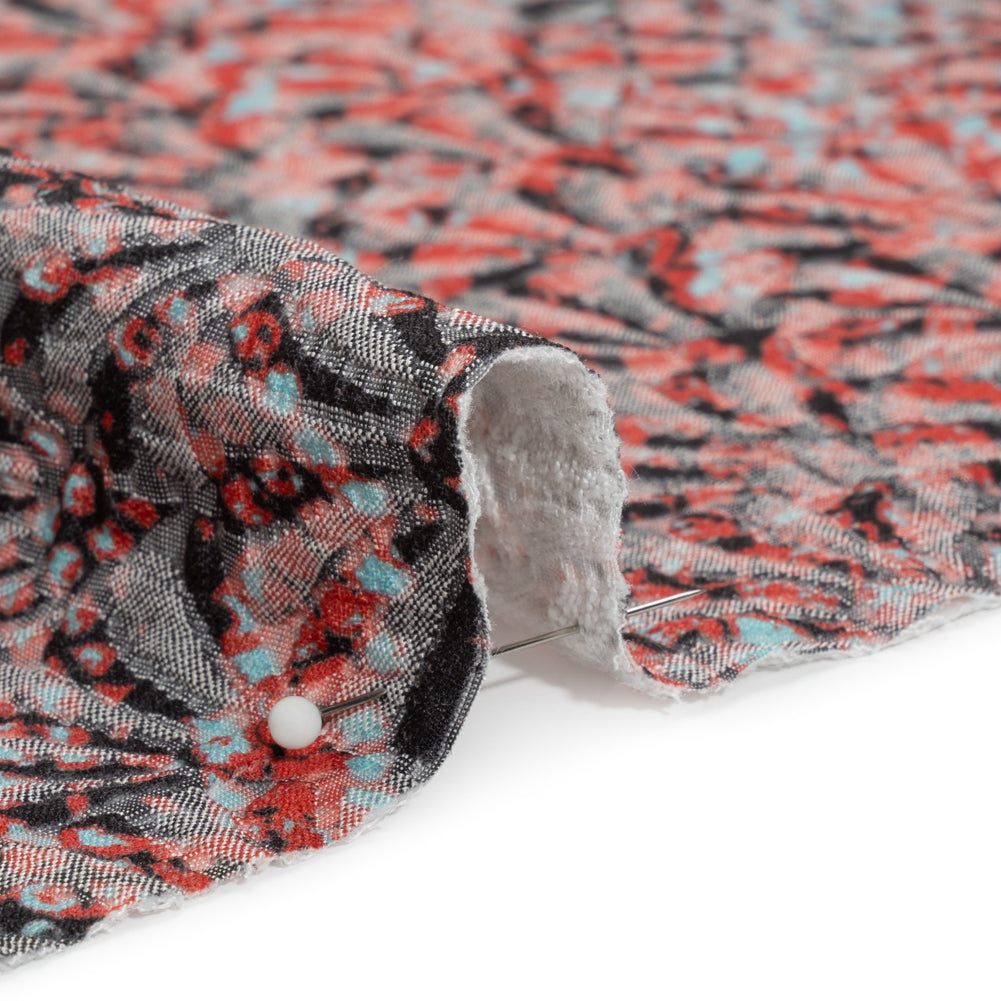 Red, Black and Sky Blue Abstract Printed Fan Flowers Stretch Cotton Matelasse Detail Red, Black and Sky Blue Abstract Printed Fan Flowers Stretch Cotton Matelasse Detail