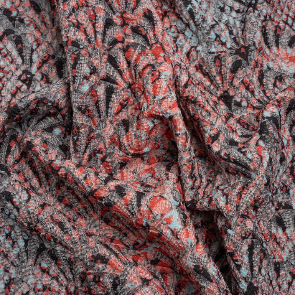 Red, Black and Sky Blue Abstract Printed Fan Flowers Stretch Cotton Matelasse Red, Black and Sky Blue Abstract Printed Fan Flowers Stretch Cotton Matelasse